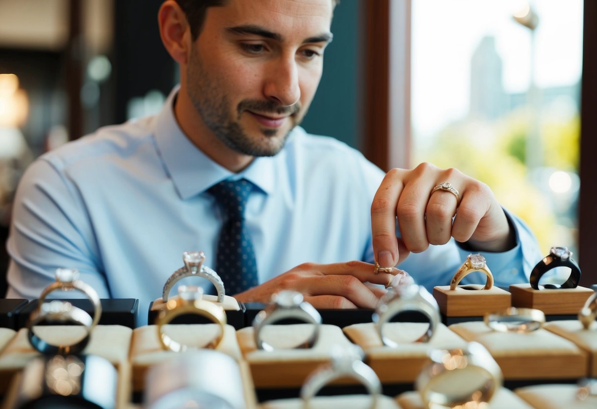 A man carefully examines a display of wedding rings, comparing different styles and designs