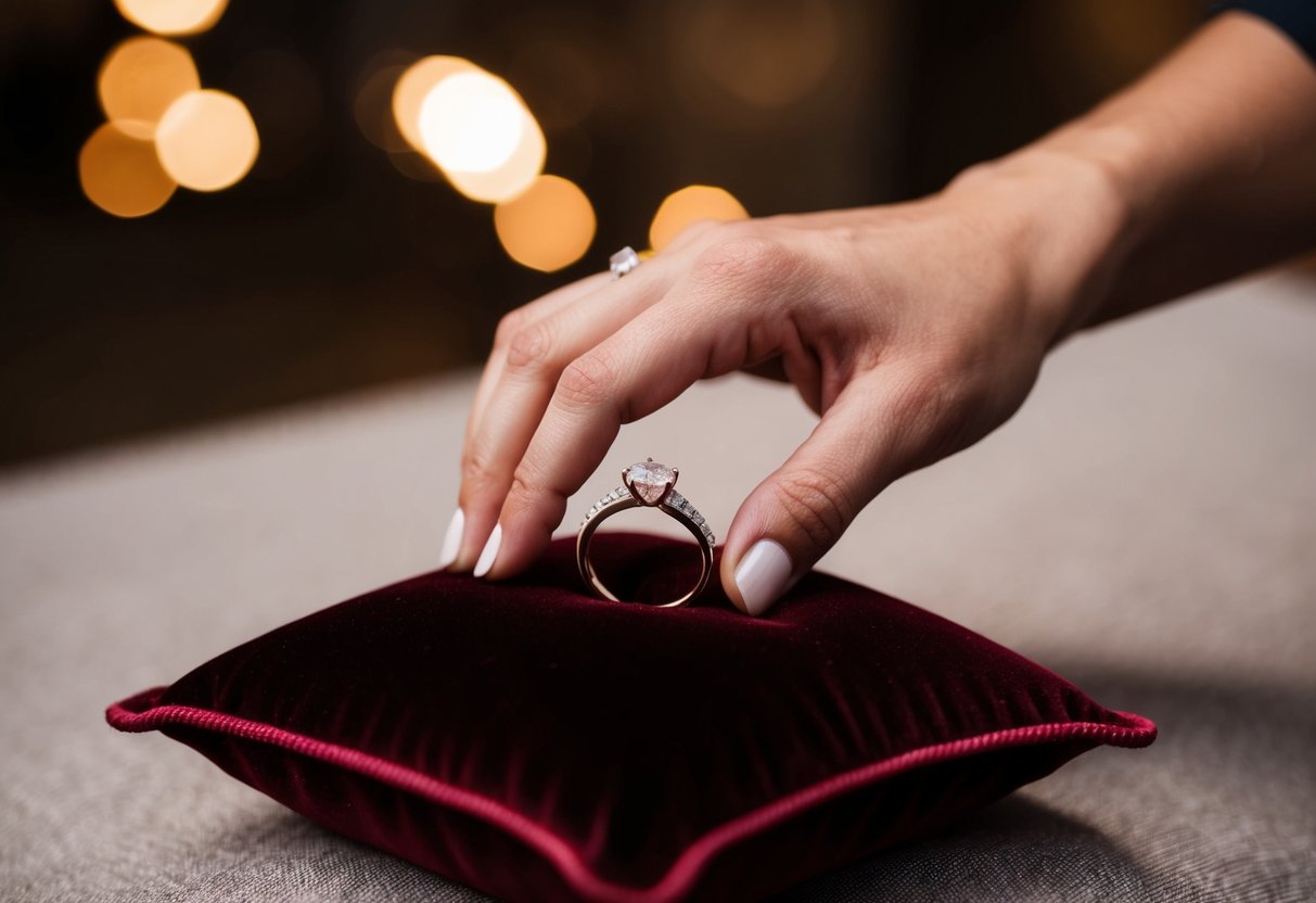 A hand reaches for a wedding band resting on a velvet pillow