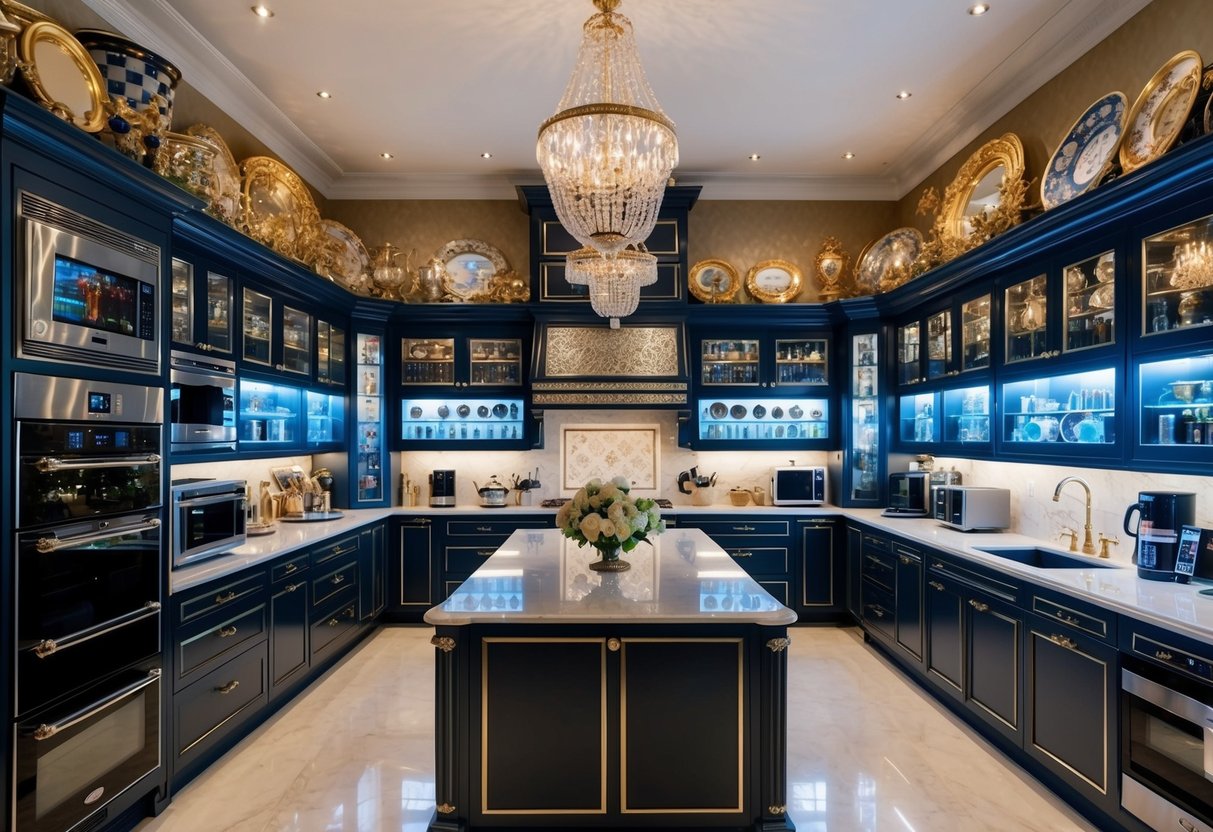 A lavish mansion with an overflowing display of extravagant kitchen appliances, designer home decor, and high-end electronics