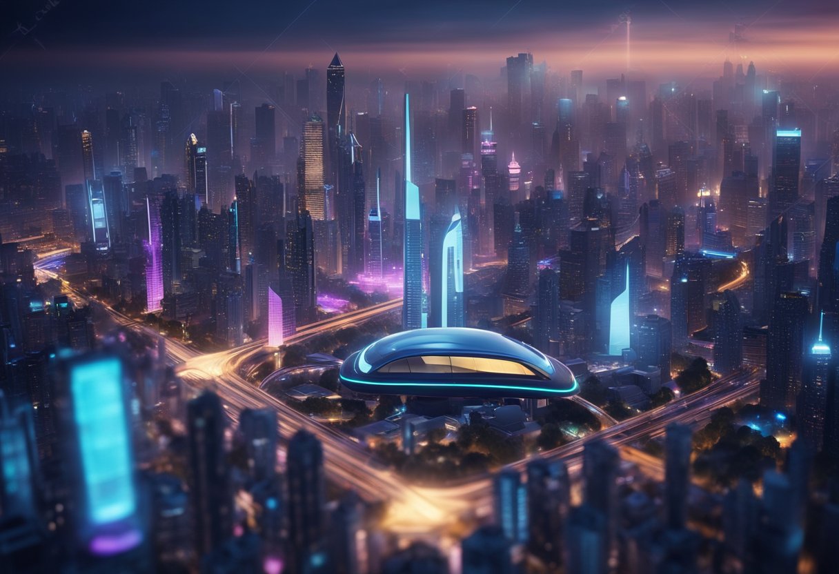 A futuristic city skyline with sleek, high-tech buildings and flying vehicles, illuminated by colorful neon lights