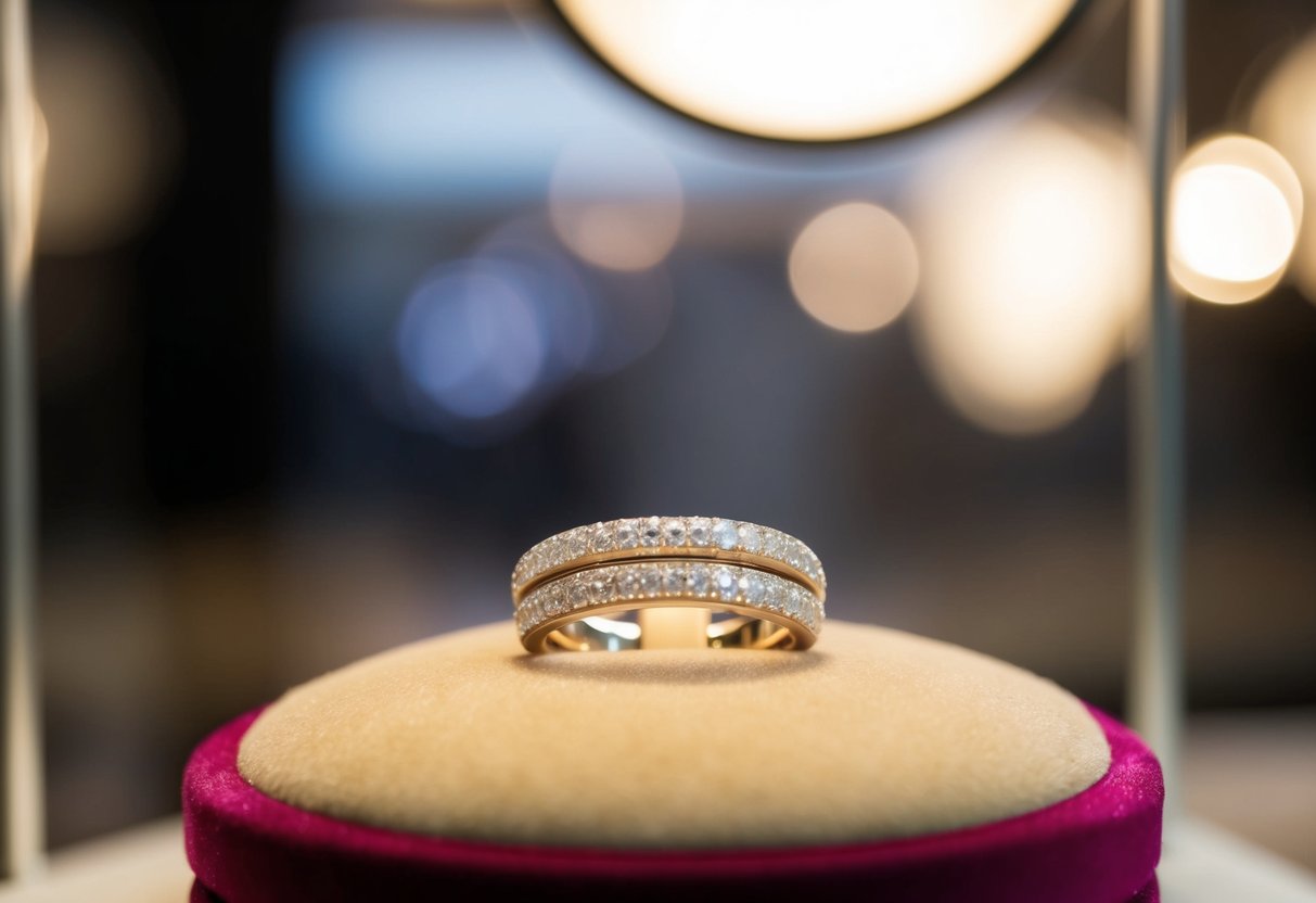 A sparkling wedding band sits on a velvet cushion in a jewelry store display. A soft spotlight highlights its intricate design