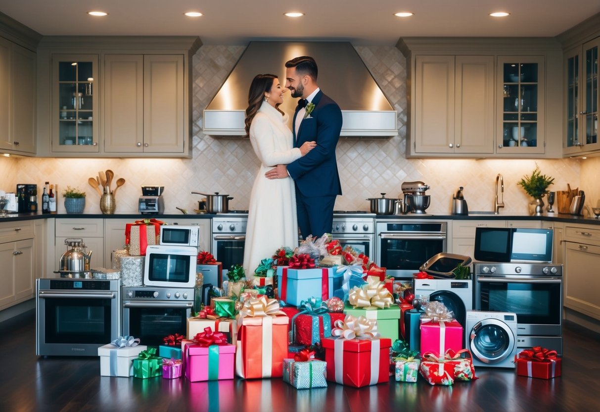 A couple surrounded by extravagant kitchen appliances, luxury linens, and high-end electronics, with a large pile of gifts overflowing onto the floor