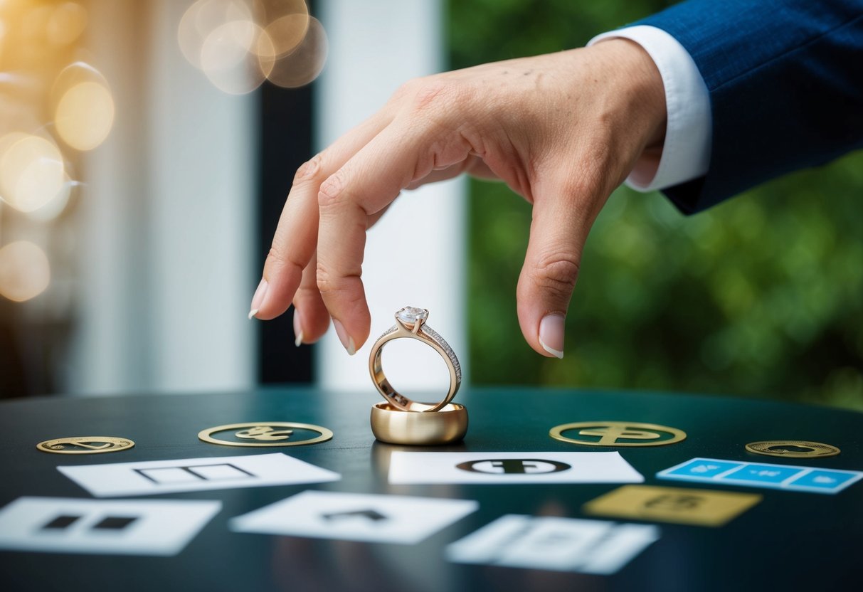 A hand reaching for a wedding band on a table, surrounded by modern and traditional symbols