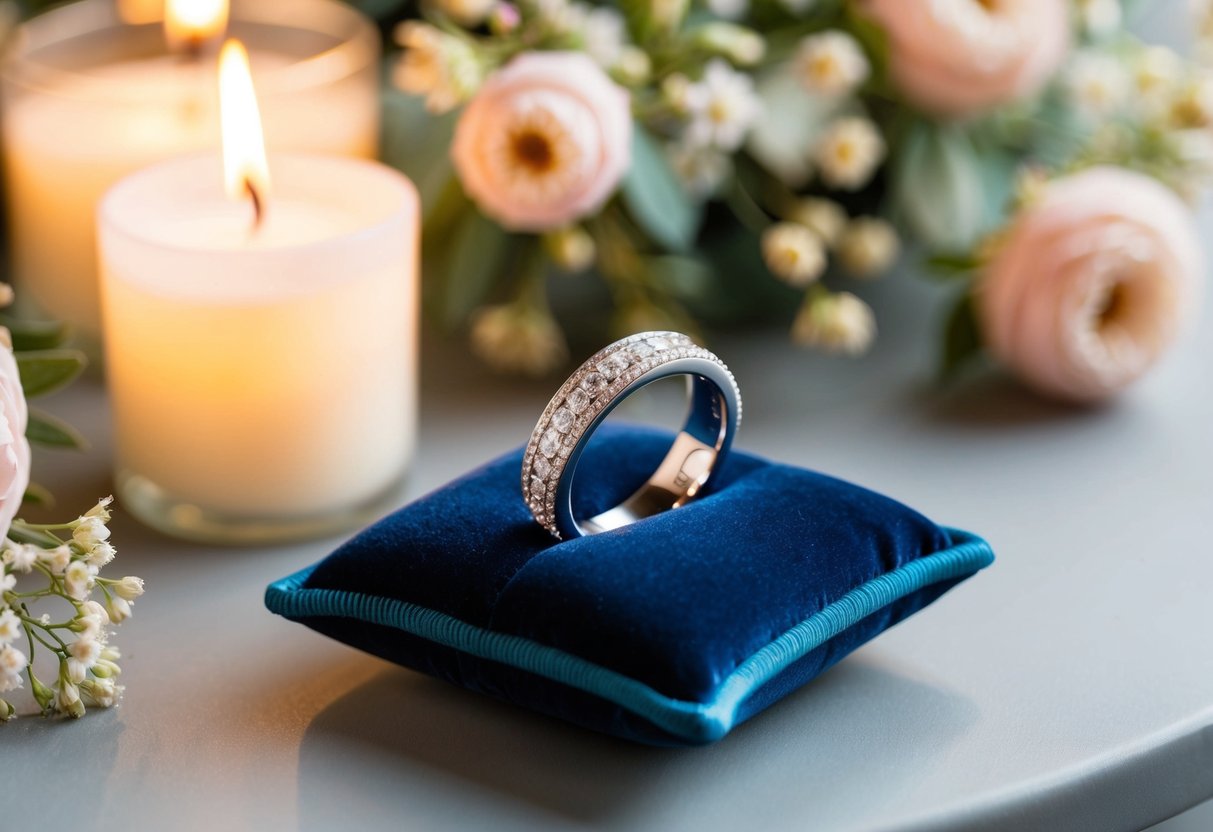 A sparkling wedding band rests on a velvet cushion, surrounded by soft candlelight and delicate floral arrangements