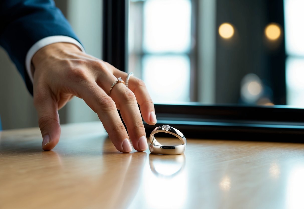 A hand reaching for a wedding band on a table, with a reflection in a mirror