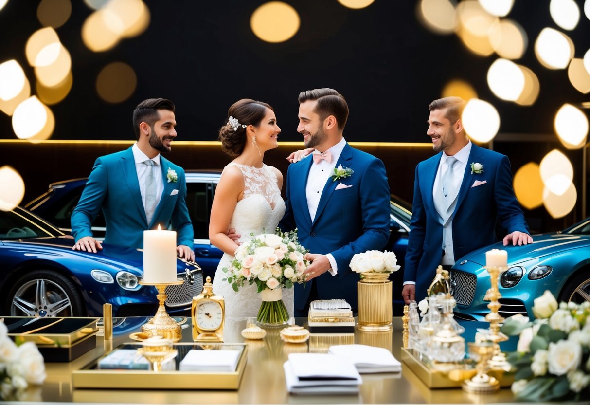 A couple surrounded by extravagant items, including luxury cars and designer clothing, while creating their wedding registry