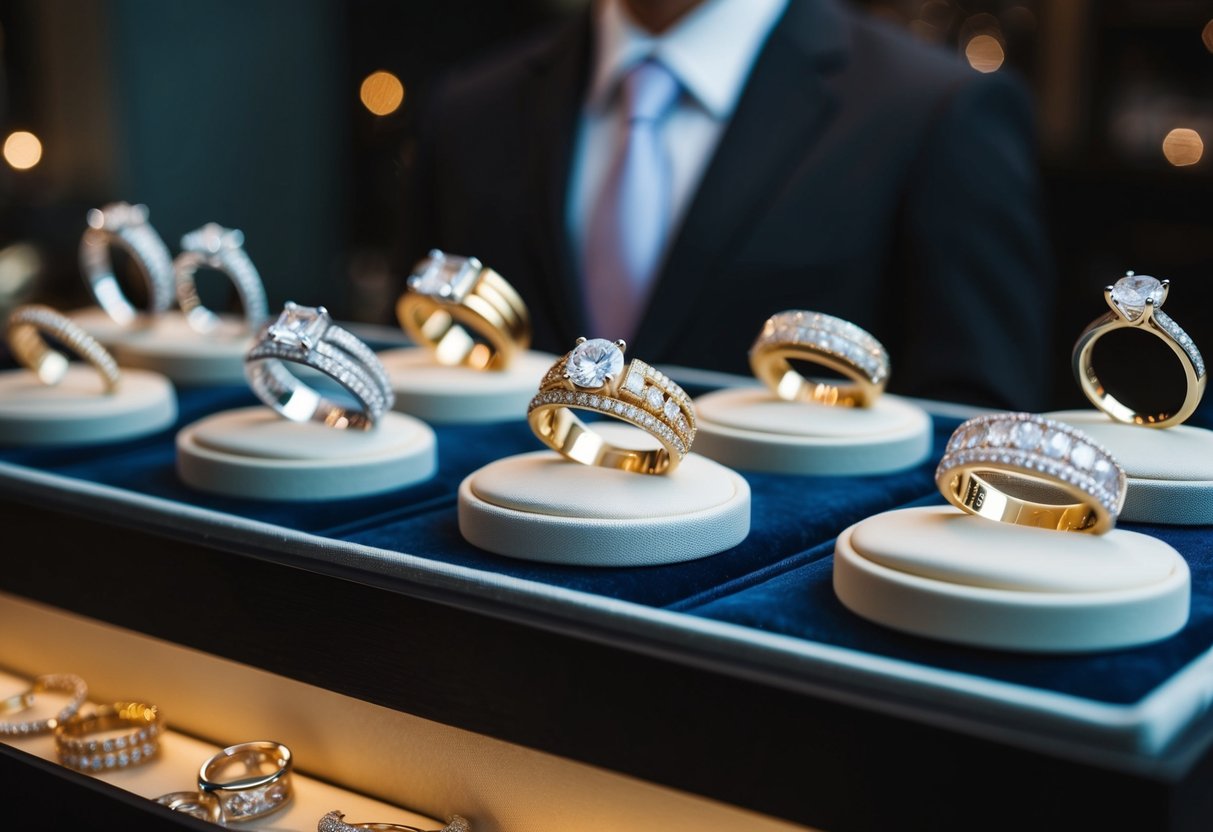 A jeweler presenting a selection of wedding bands on a velvet display, with soft lighting highlighting the intricate designs and sparkling gemstones
