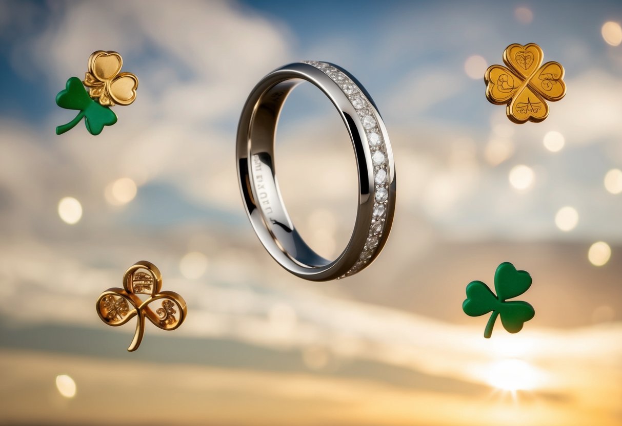 A wedding band suspended in mid-air, surrounded by symbols of luck and love
