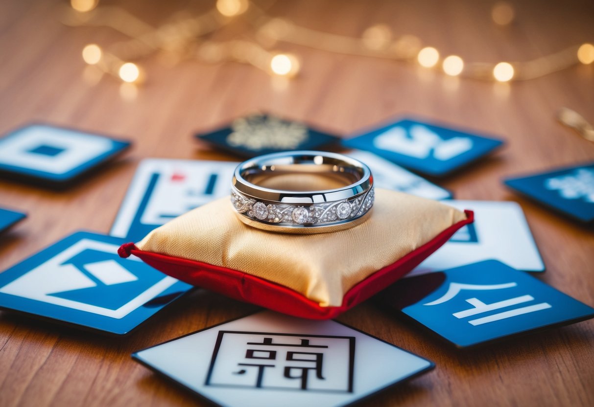 A wedding band resting on a traditional pillow, surrounded by modern and cultural symbols