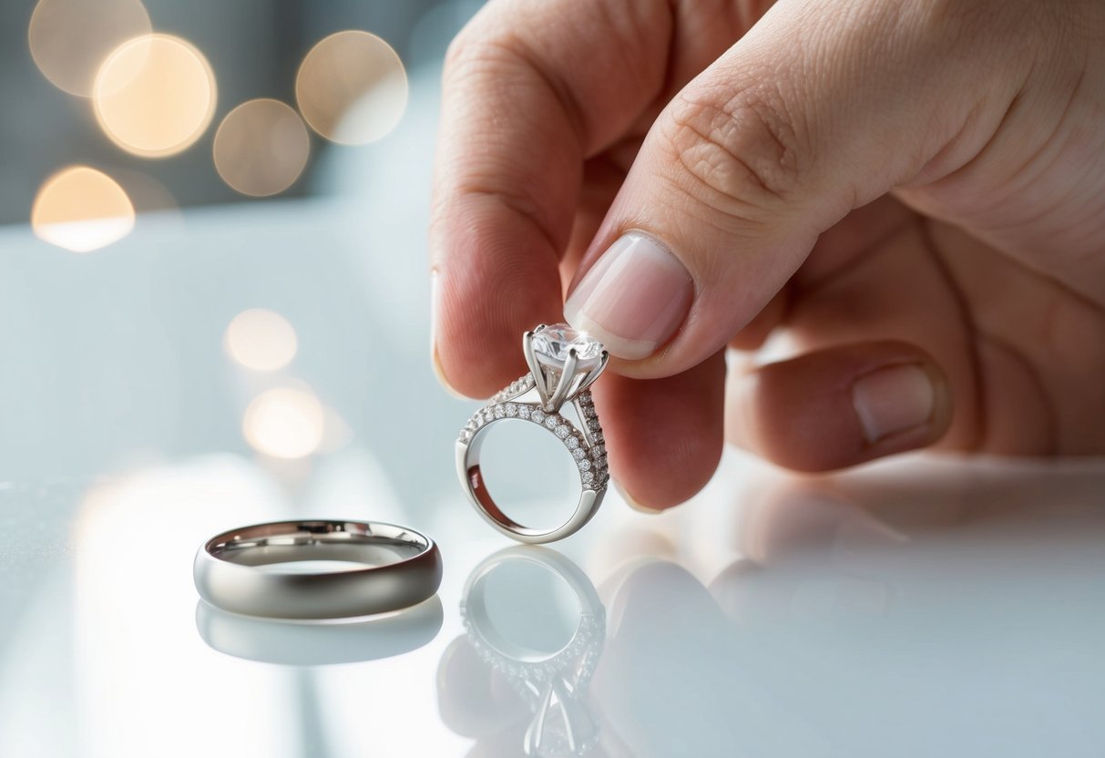 A hand reaches for a sparkling engagement ring, while a plain wedding band sits nearby