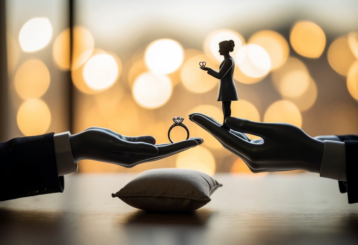 A figure presents a ring on a cushion, offering it to another figure