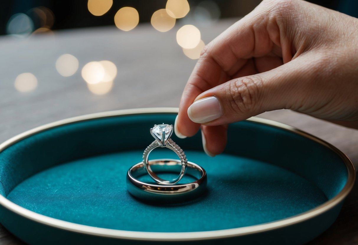 A hand reaches for a sparkling engagement ring next to a wedding band on a jewelry tray
