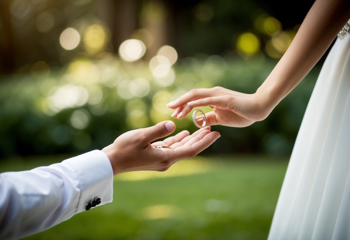 A hand holding a ring out to a figure in a white gown