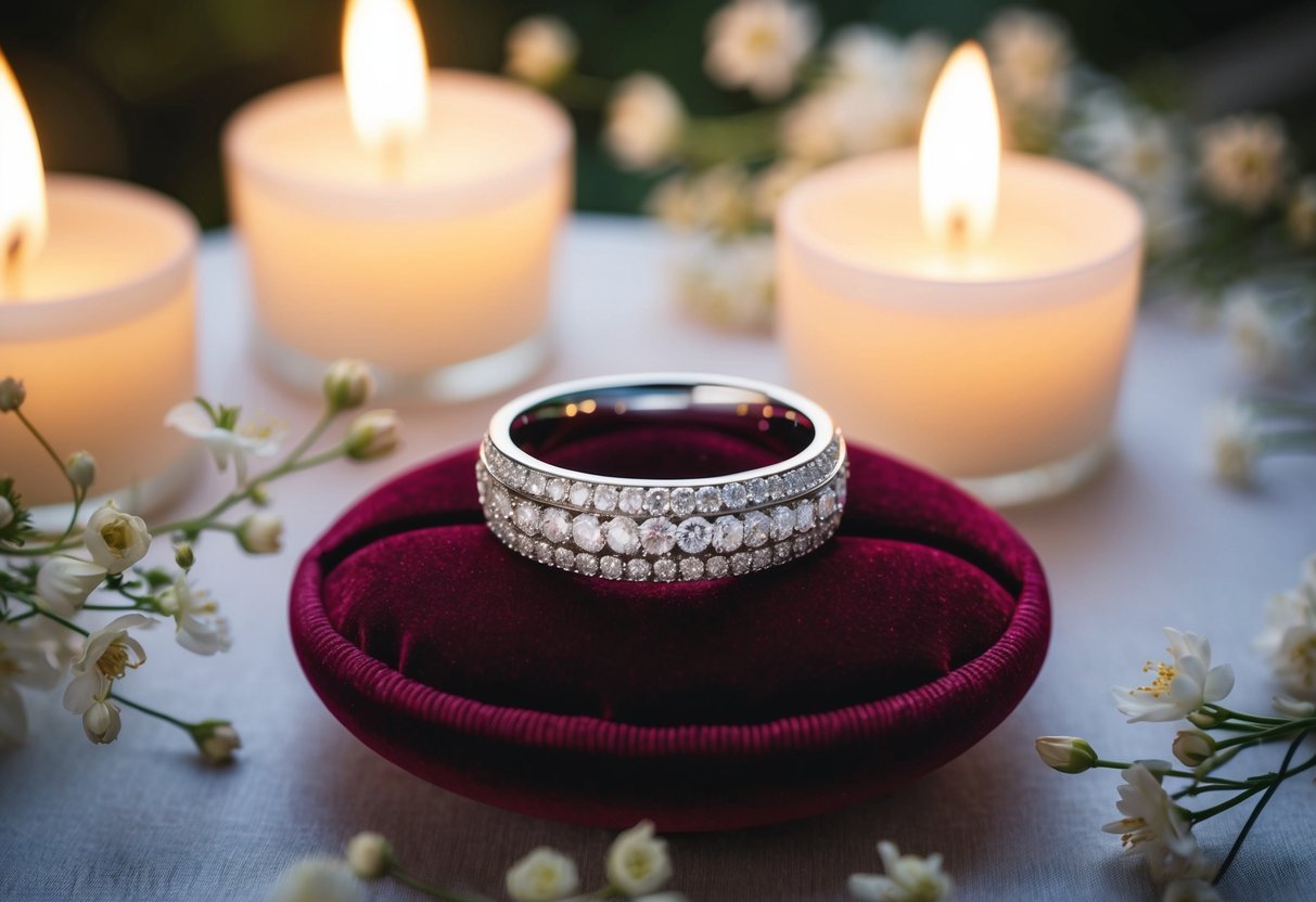 A glimmering wedding band sits on a velvet cushion, surrounded by soft candlelight and delicate floral arrangements