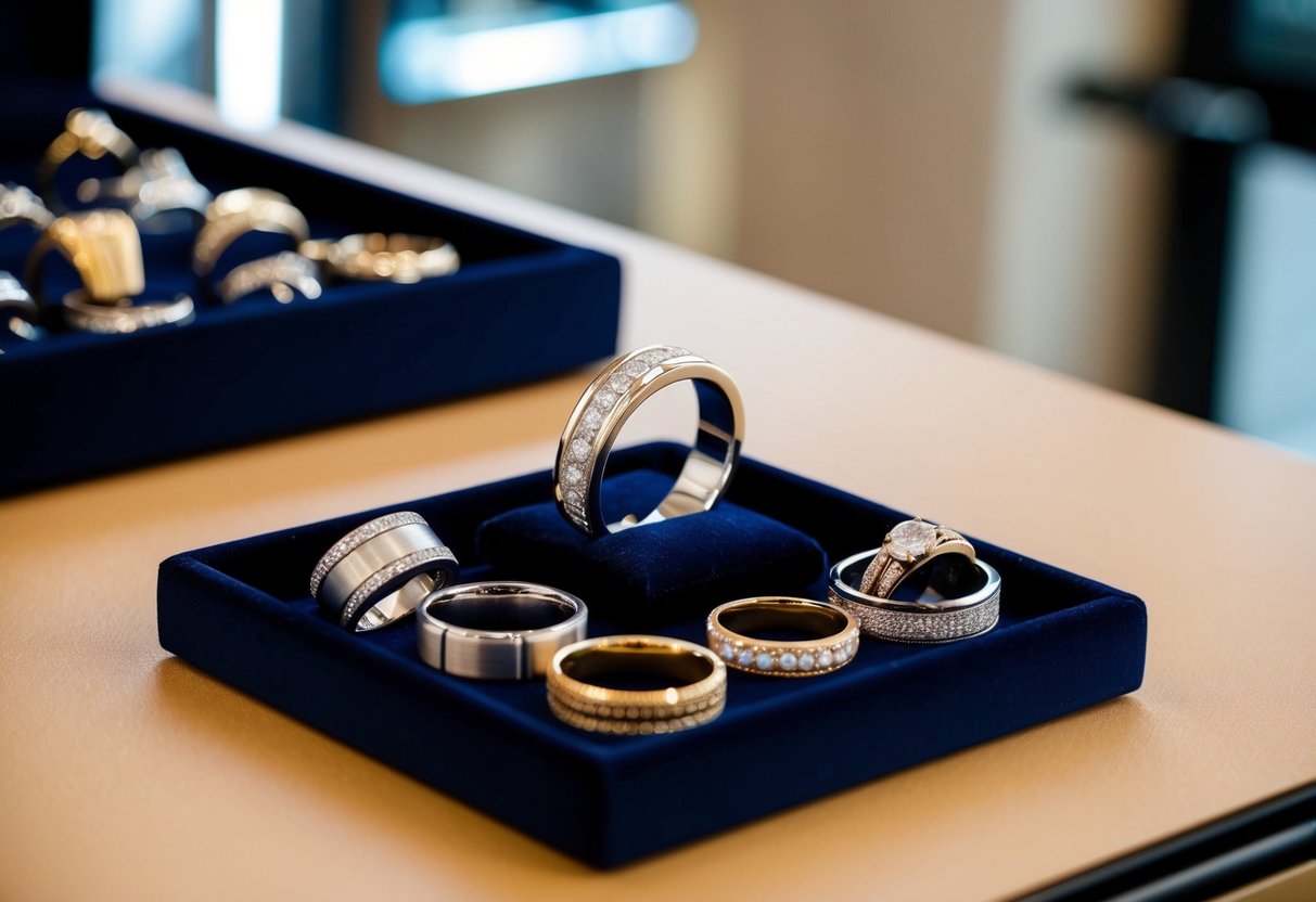 A jeweler presents a selection of wedding bands, each with unique designs and materials, displayed on a velvet-lined tray