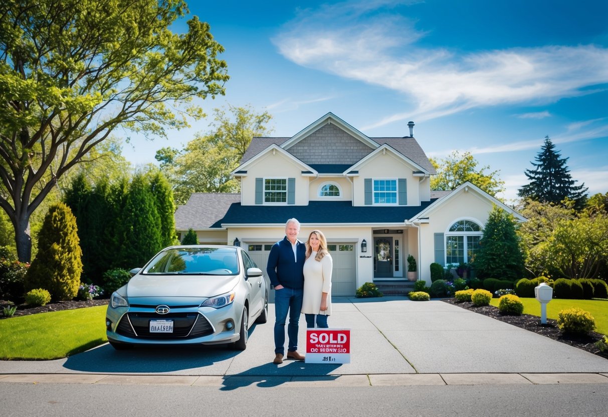 A couple stands in front of a cozy home, surrounded by lush greenery and a clear blue sky. A car is parked in the driveway, and a "sold" sign is displayed in the front yard