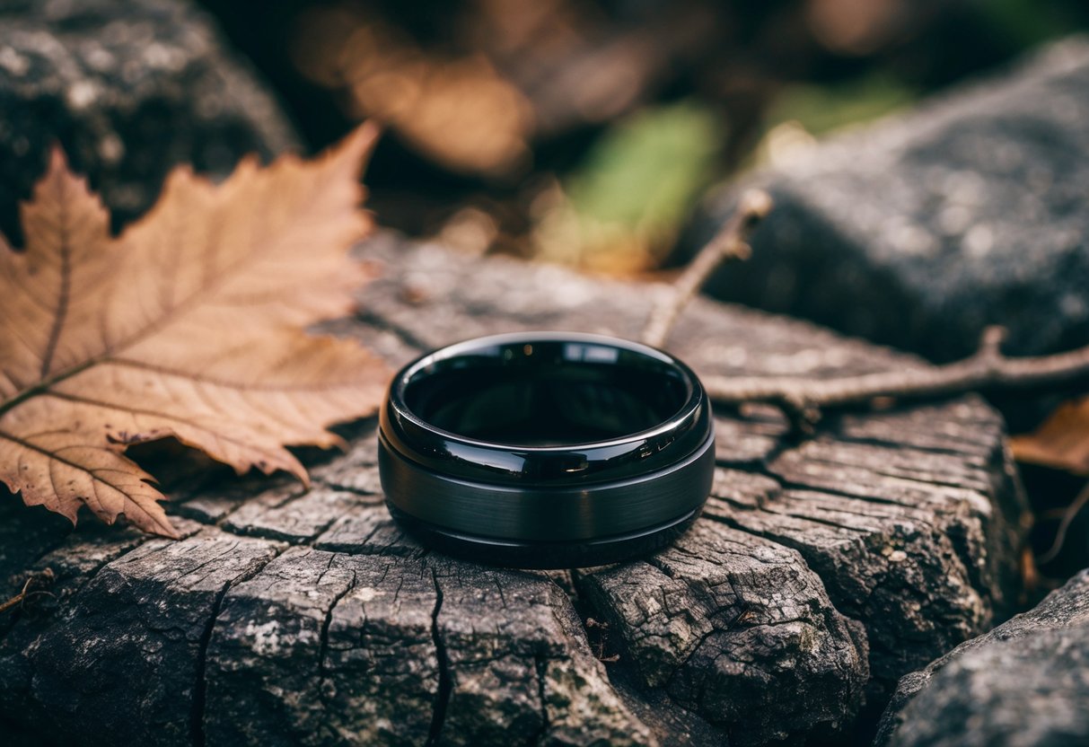 A black wedding ring rests on a wooden surface, surrounded by rugged outdoor elements like rocks, leaves, and branches