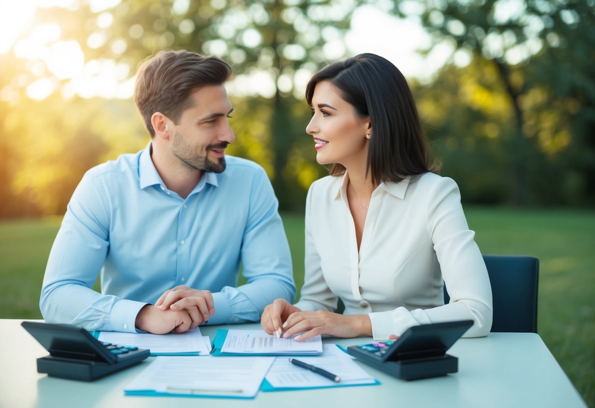 A couple sitting at a table with financial documents and calculators, discussing the tax advantages of marriage in the UK