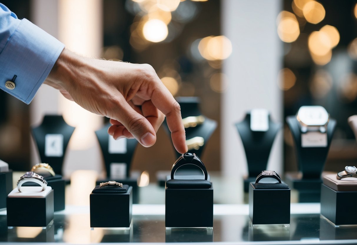 A man's hand reaches for a sleek black wedding ring among a display of various materials and styles