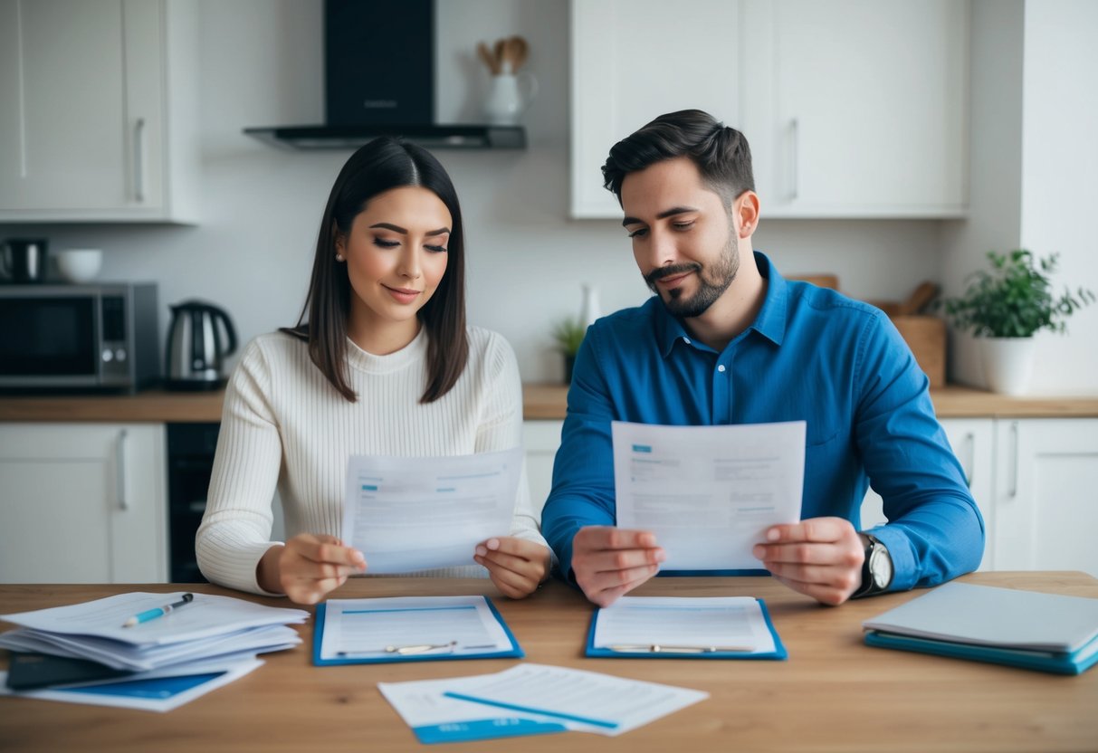 A couple sitting at a kitchen table reviewing bills and financial documents, discussing their joint financial situation in the UK