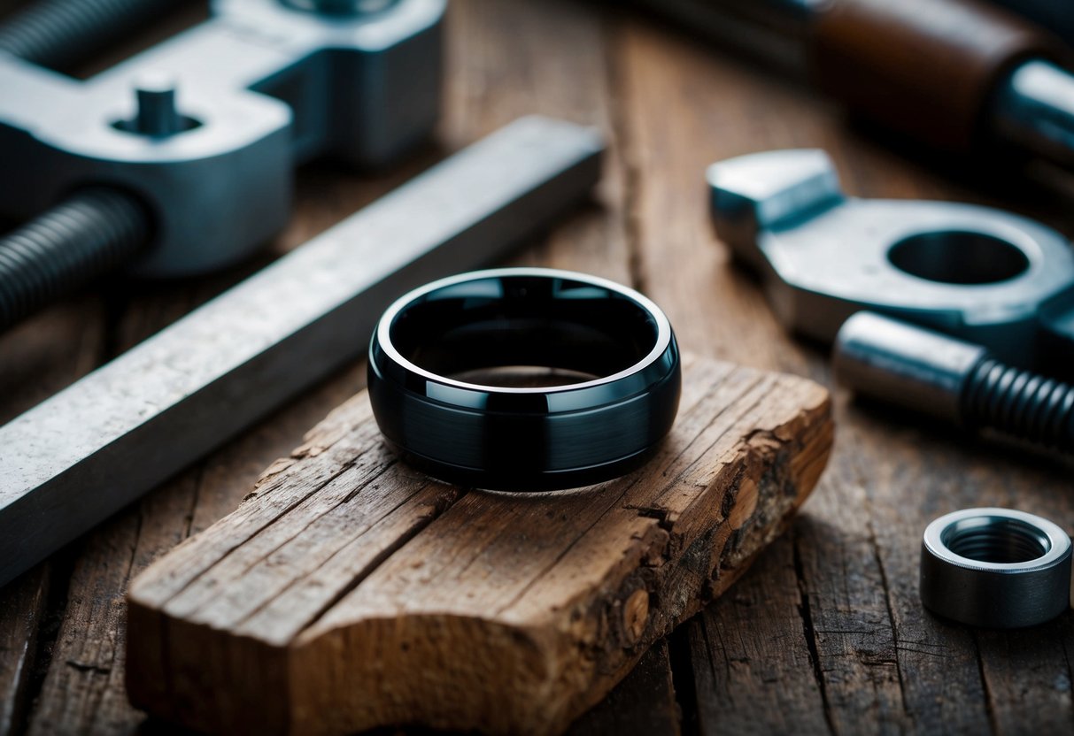 A black wedding ring resting on a rustic wooden surface, surrounded by tools and machinery, symbolizing strength and durability