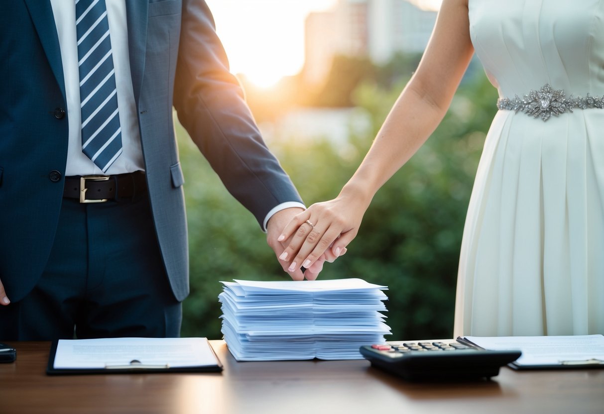 A couple stands side by side, one wearing a wedding ring and the other not. A stack of legal documents and a calculator sit on a table between them
