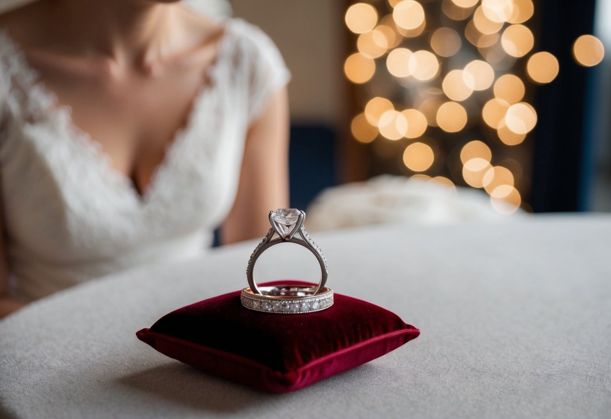 A bride admires her engagement ring next to a traditional wedding band on a velvet cushion