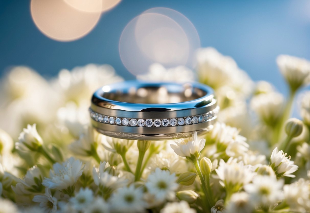A wedding band resting on a bed of delicate flowers, illuminated by soft natural light