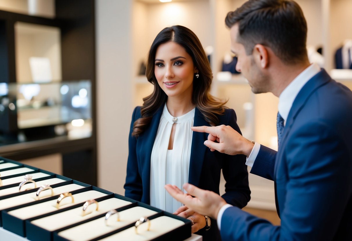 A woman examines a display of wedding bands, while a man gestures towards a particular ring