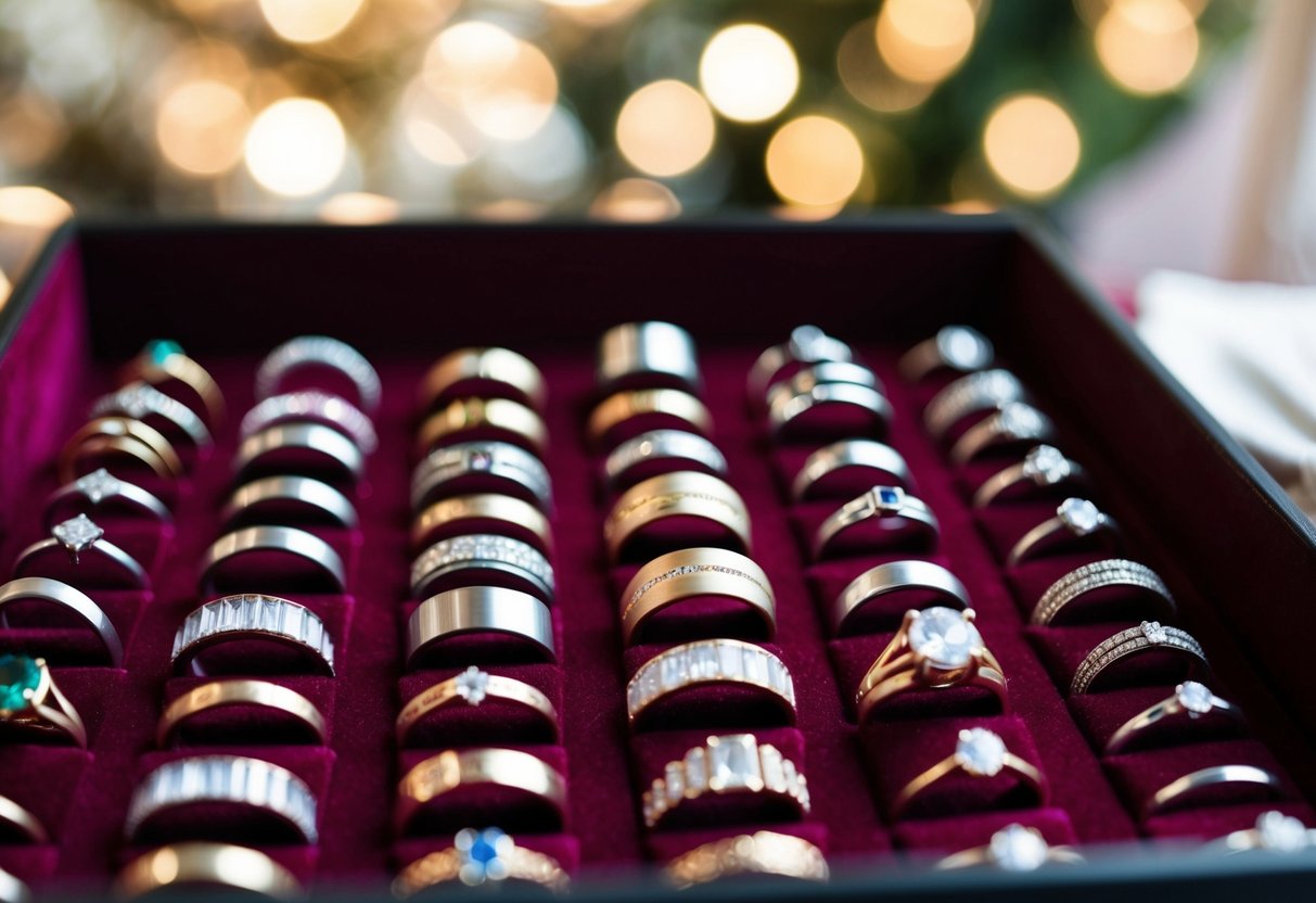 A display of various wedding band styles and materials arranged on a velvet-lined tray