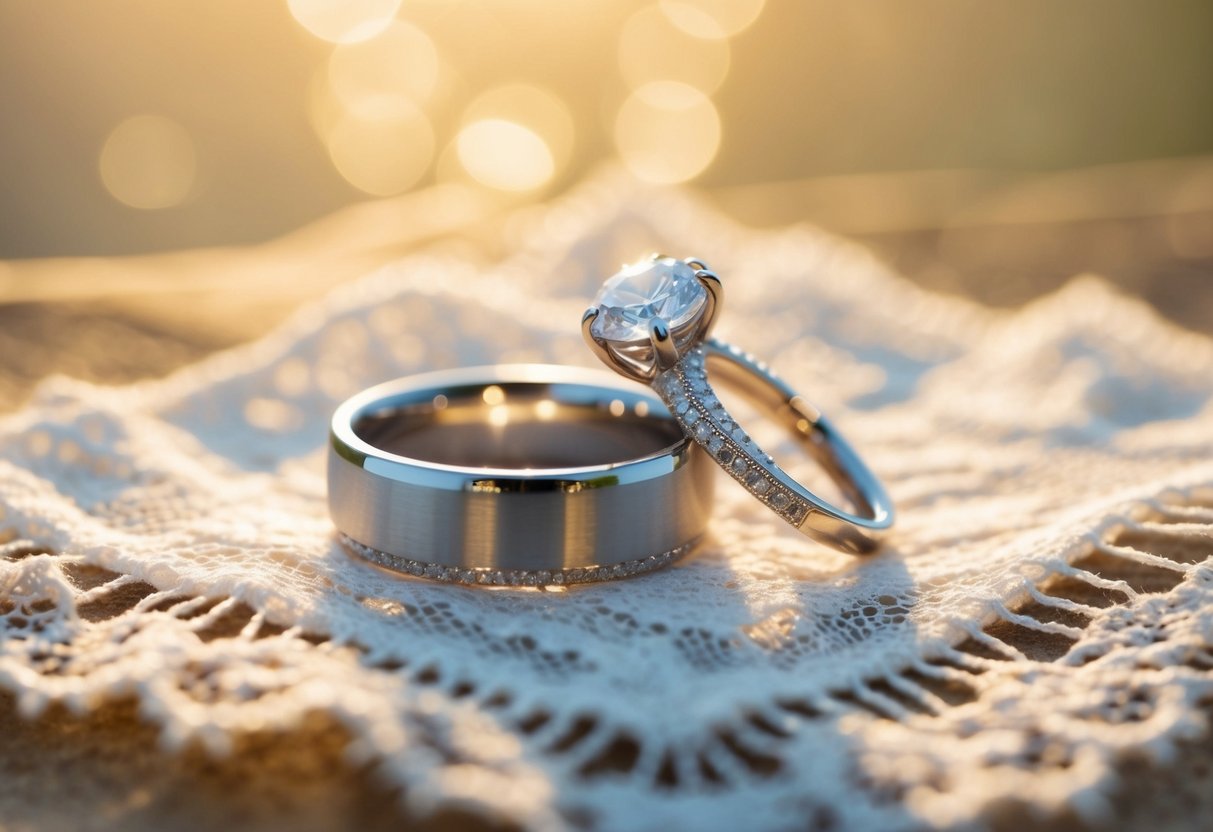 A bride's engagement ring and wedding band sit side by side on a delicate lace cloth, bathed in soft, golden sunlight
