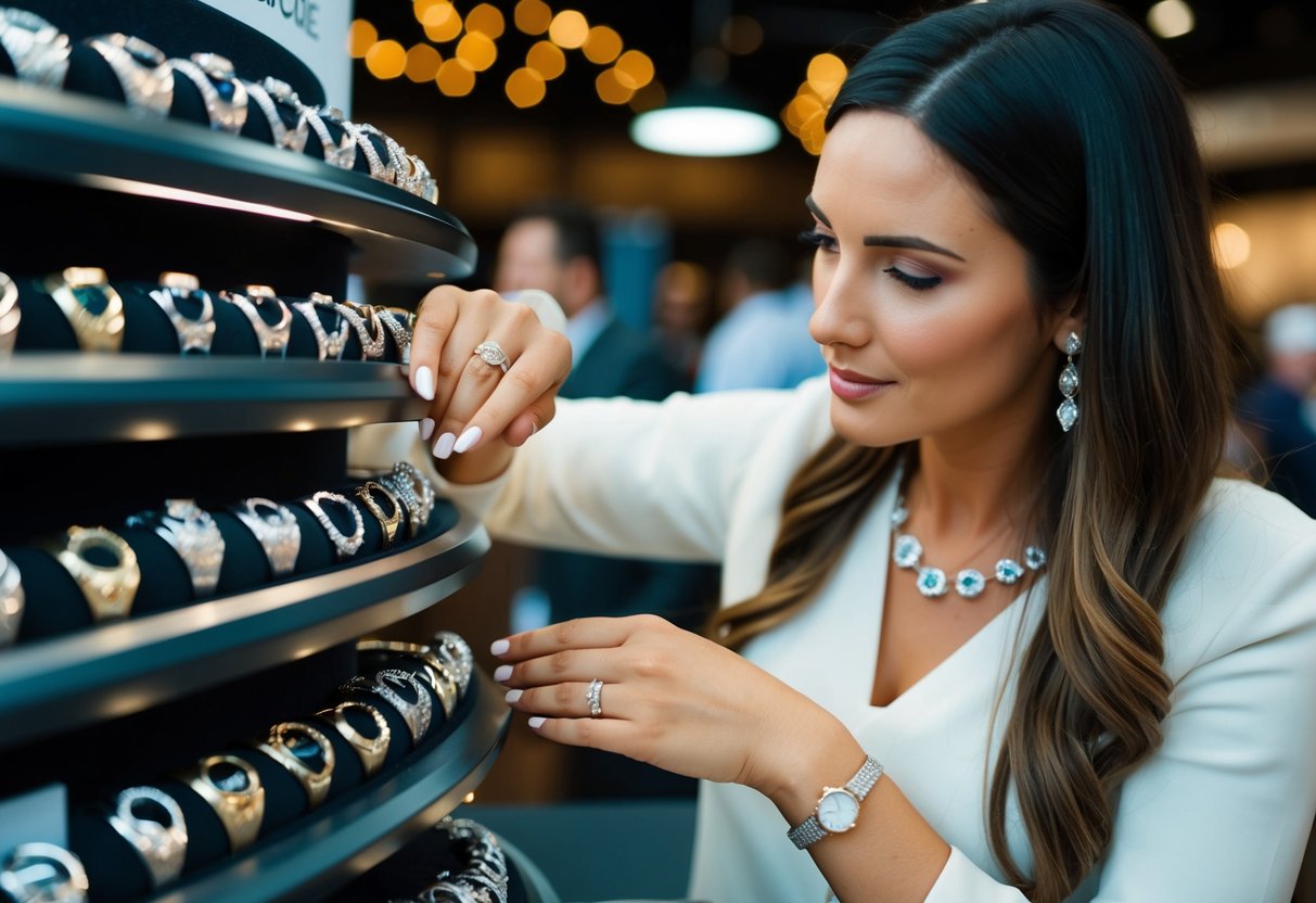 A woman examines a display of men's wedding bands, pondering her decision