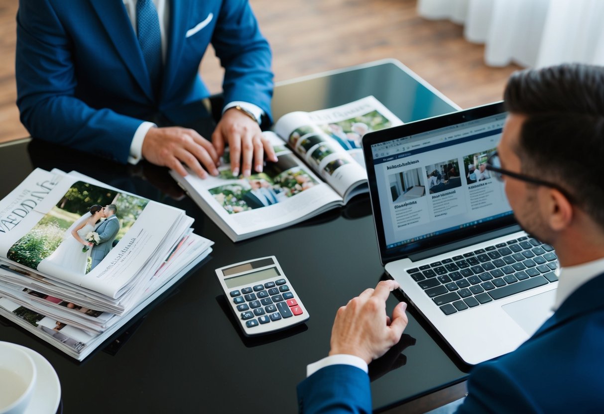 A couple sitting at a table, surrounded by wedding magazines, a laptop, and a calculator. They are discussing and planning their wedding budget