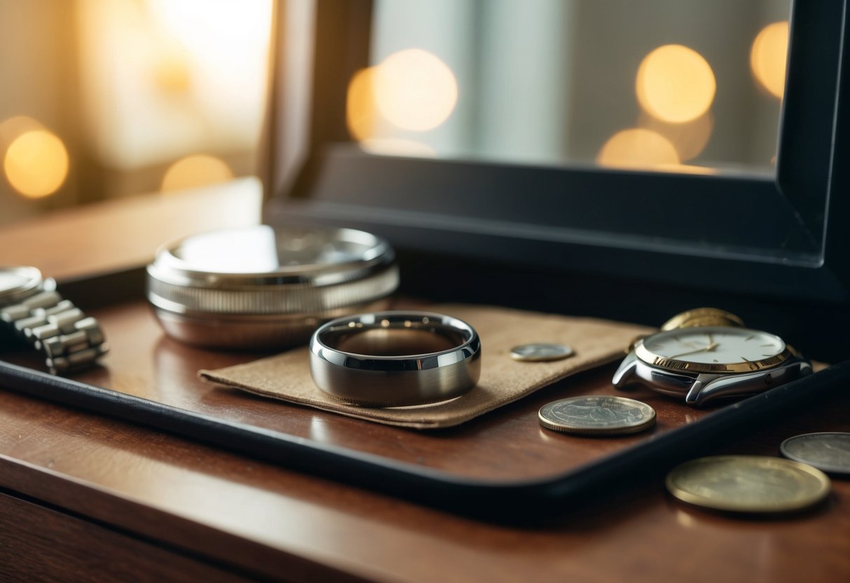 A British man's wedding ring sits abandoned on a cluttered dresser, next to a watch and some loose change