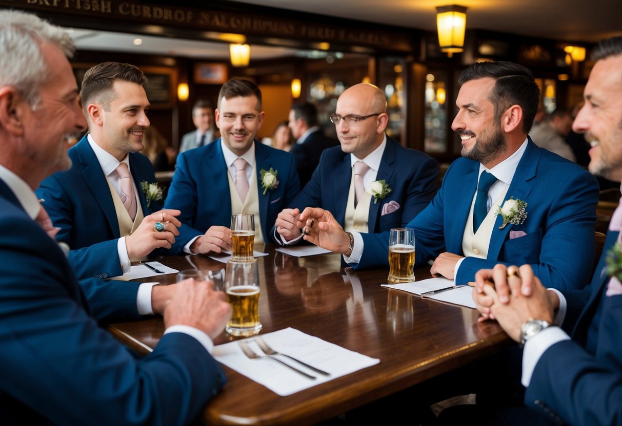 A traditional British pub with a group of men socializing, some wearing wedding rings while others do not