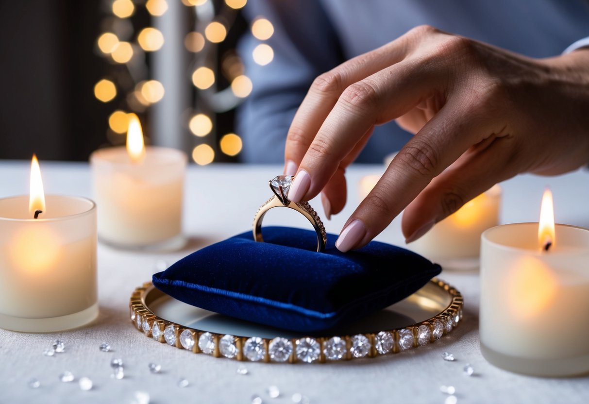 A hand placing a wedding ring on a velvet cushion, surrounded by sparkling diamonds and soft candlelight