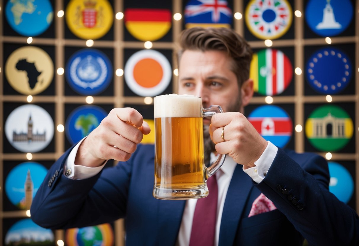 A British man's hand reaches for a pint of beer, revealing the absence of a wedding ring. Around him, diverse cultural symbols and global landmarks are displayed