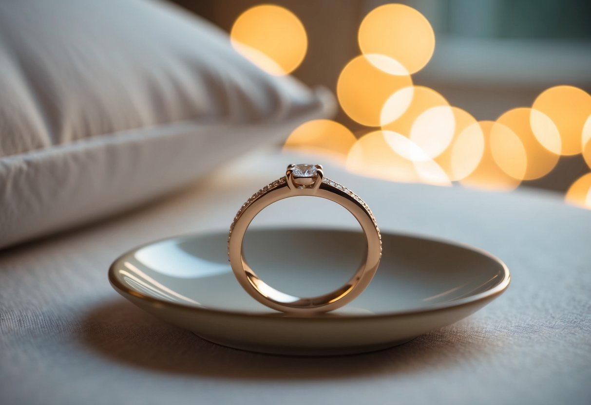 A wedding band resting on a small dish beside a bed, surrounded by soft, warm lighting