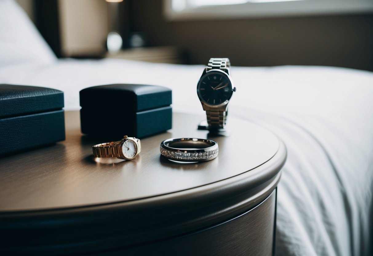 A wedding band resting on a bedside table next to a watch and a small jewelry box