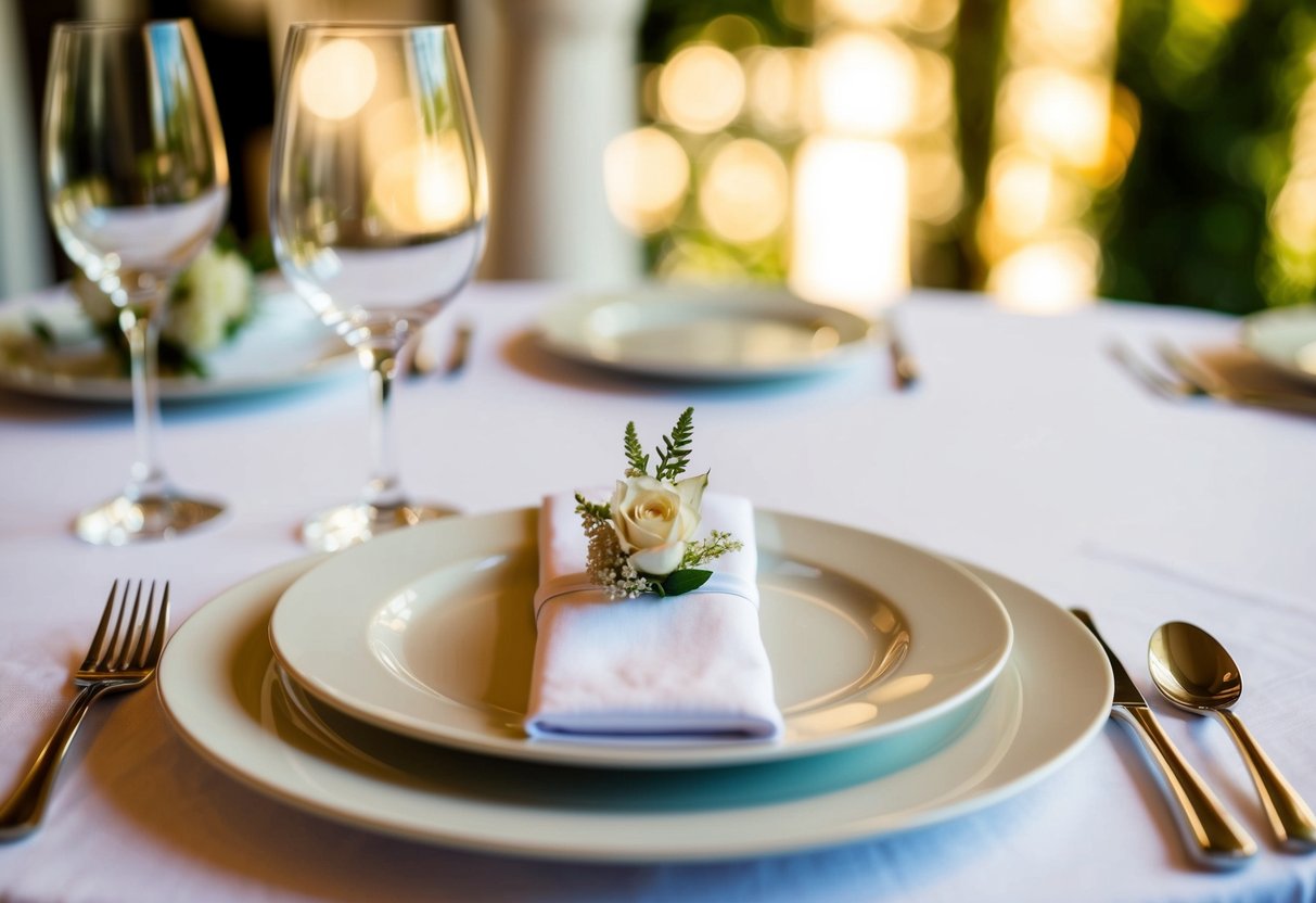A table set for two with a single place setting featuring a wedding band on the right side