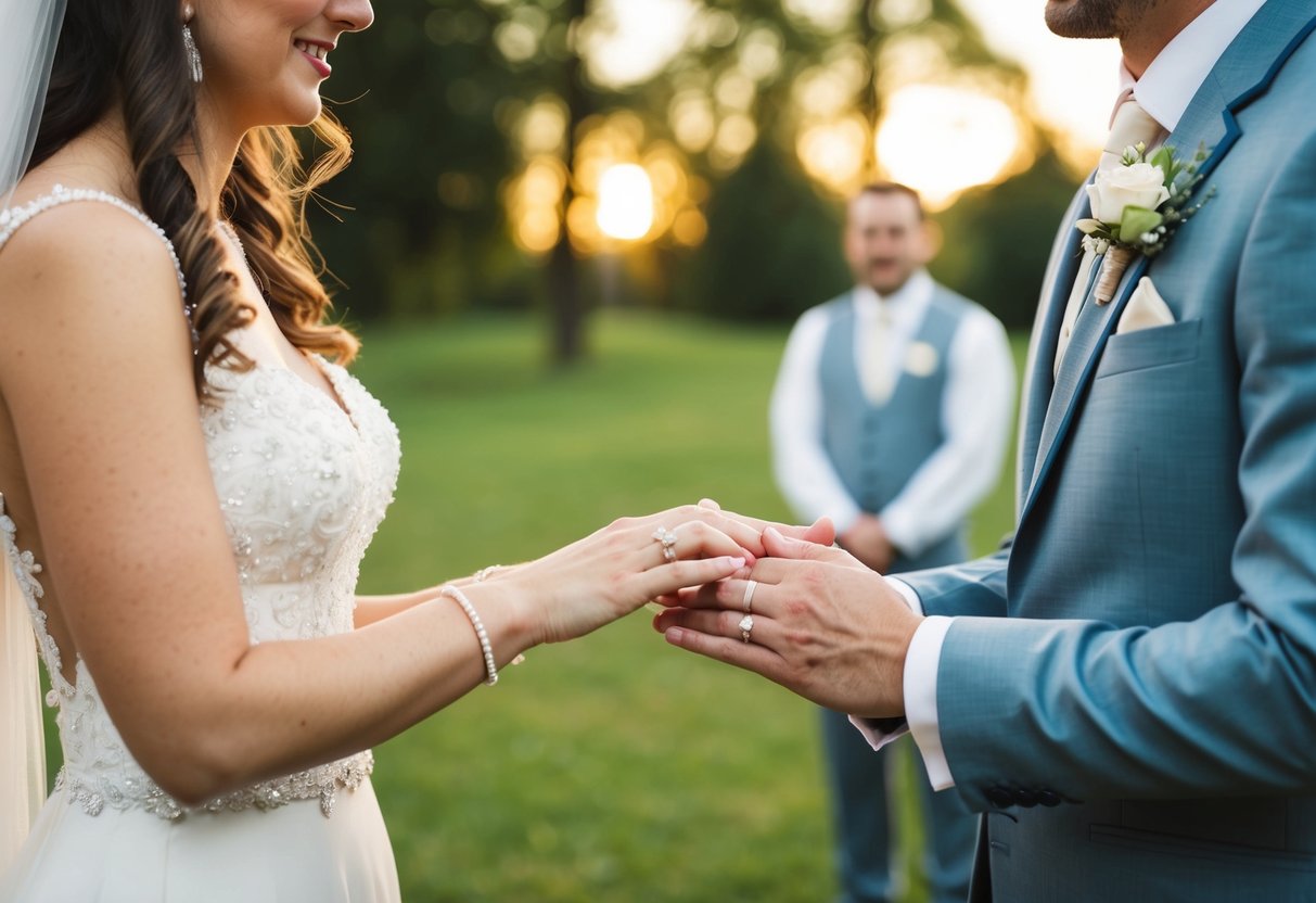 A traditional Eastern European wedding scene with a bride and groom exchanging rings on their right hands