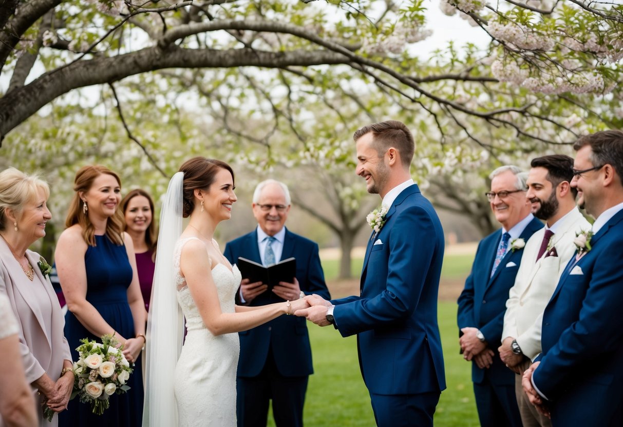 A couple standing under a blooming tree, surrounded by friends and family, exchanging vows