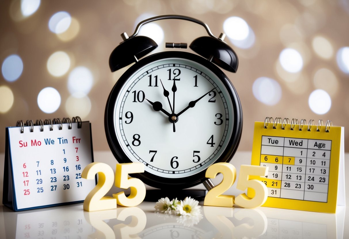 A clock with hands pointing at 25, surrounded by wedding symbols and a calendar showing different ages