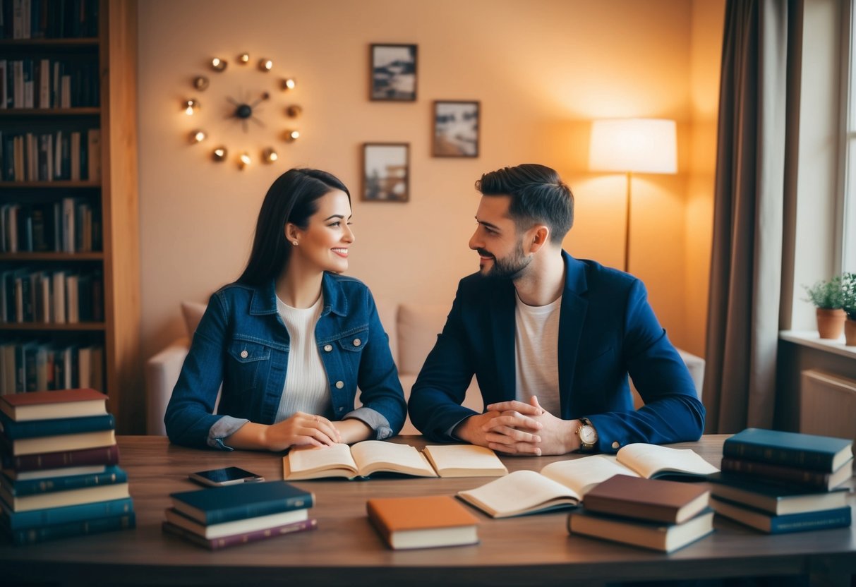 A couple sits at a table, discussing their future together. The room is cozy with warm lighting and scattered books, symbolizing their journey towards compatibility and cohabitation before marriage