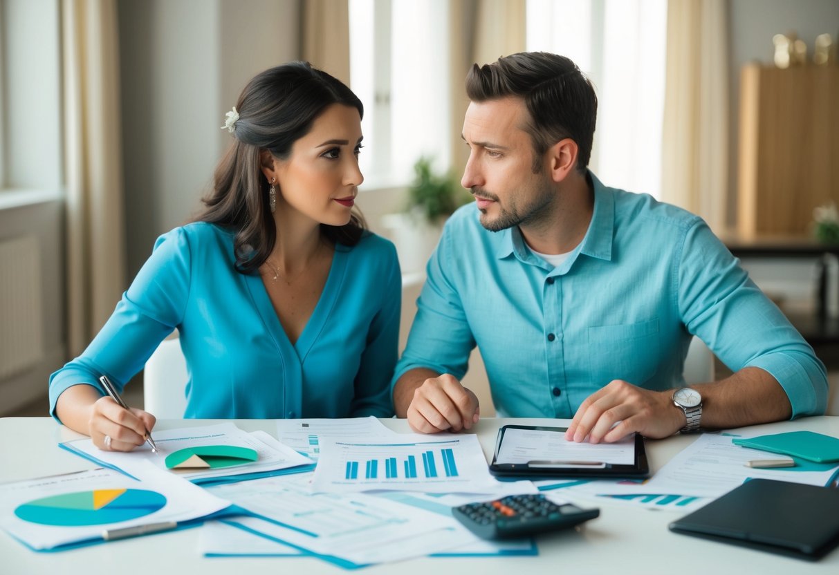A couple sitting at a table, surrounded by bills, budget spreadsheets, and wedding planning materials. They appear deep in discussion, with a mix of determination and concern on their faces