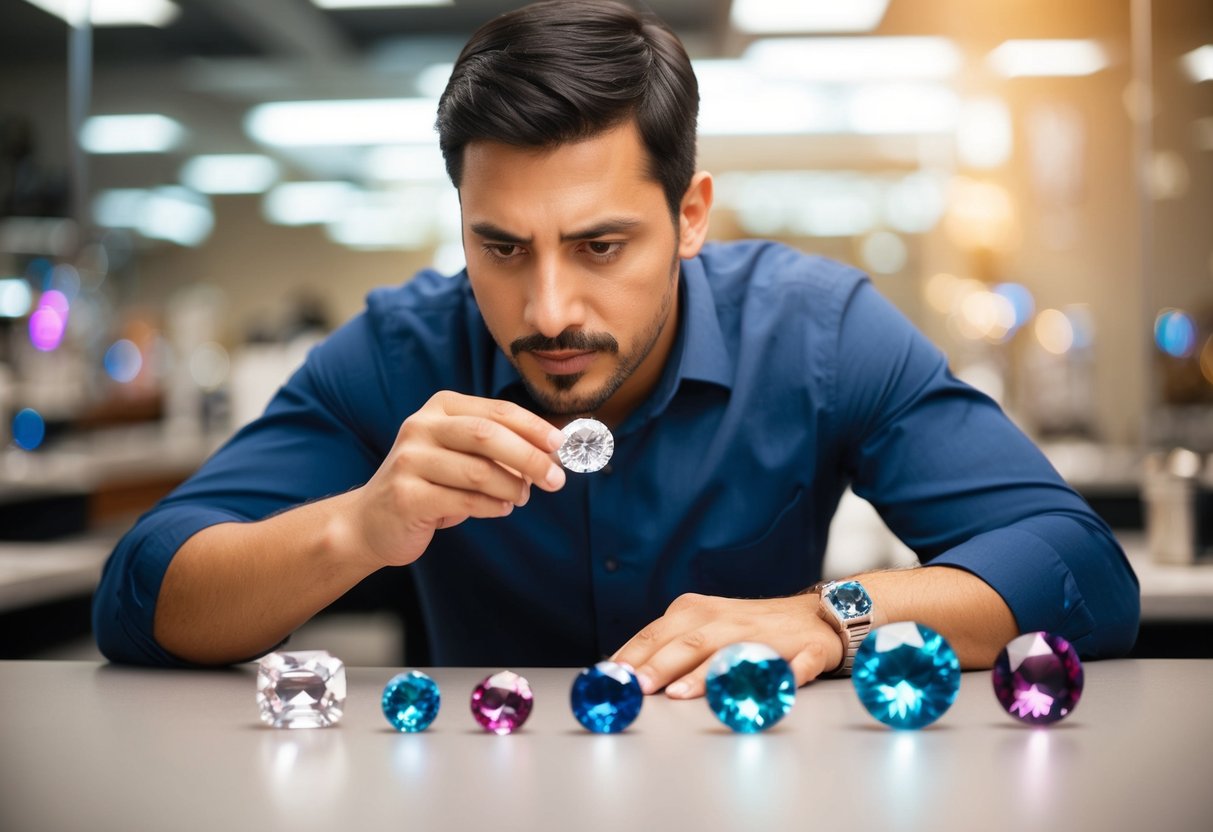 A man carefully examines a selection of gleaming gemstones, comparing their sizes and colors, with a look of determination on his face