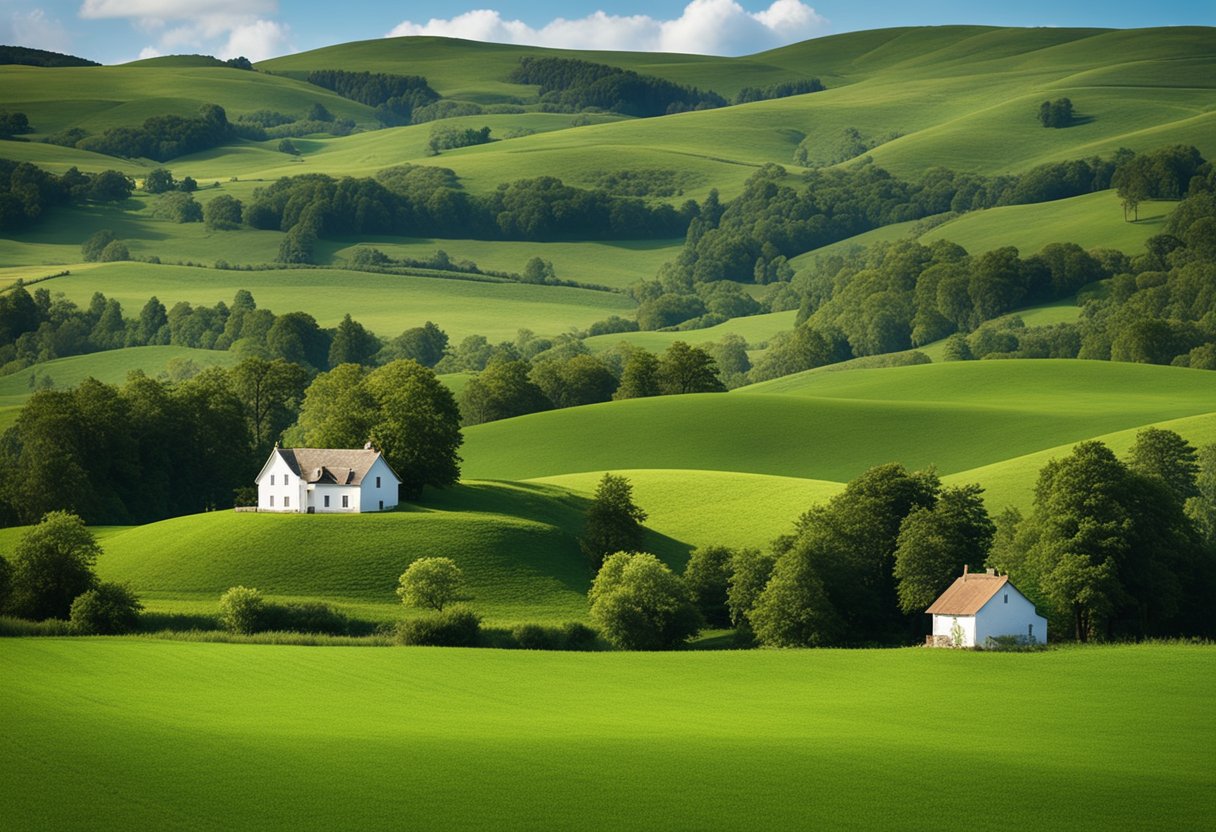 A lush green landscape with rolling hills and a clear blue sky, scattered with fluffy white clouds. A small farmhouse sits in the distance, surrounded by fields and trees