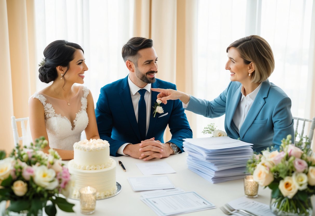 A couple sits at a table with a wedding planner, surrounded by flowers, cakes, and invitations. The planner gestures to a stack of financial documents