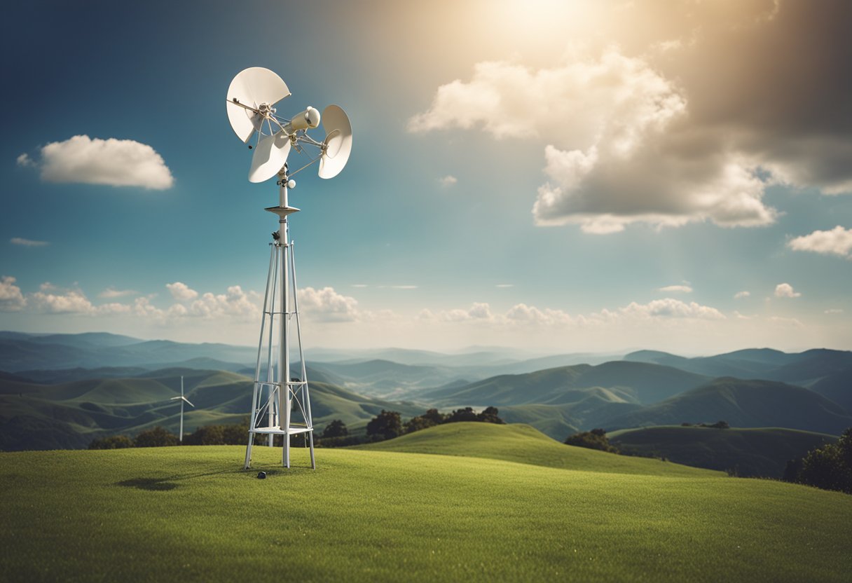 A weather station on a grassy hill, with anemometer spinning in the wind, and a satellite dish pointing towards the sky