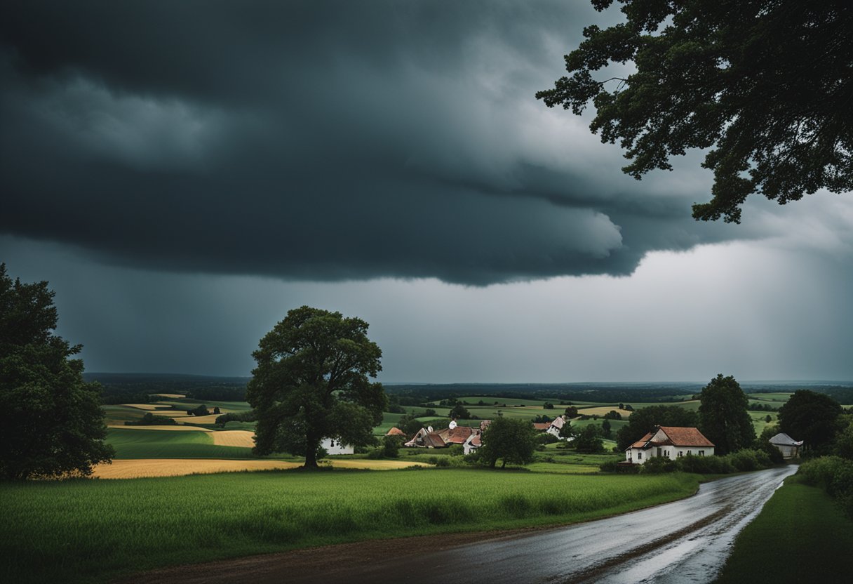 A stormy sky looms over a small rural town, with wind bending trees and rain drenching the fields